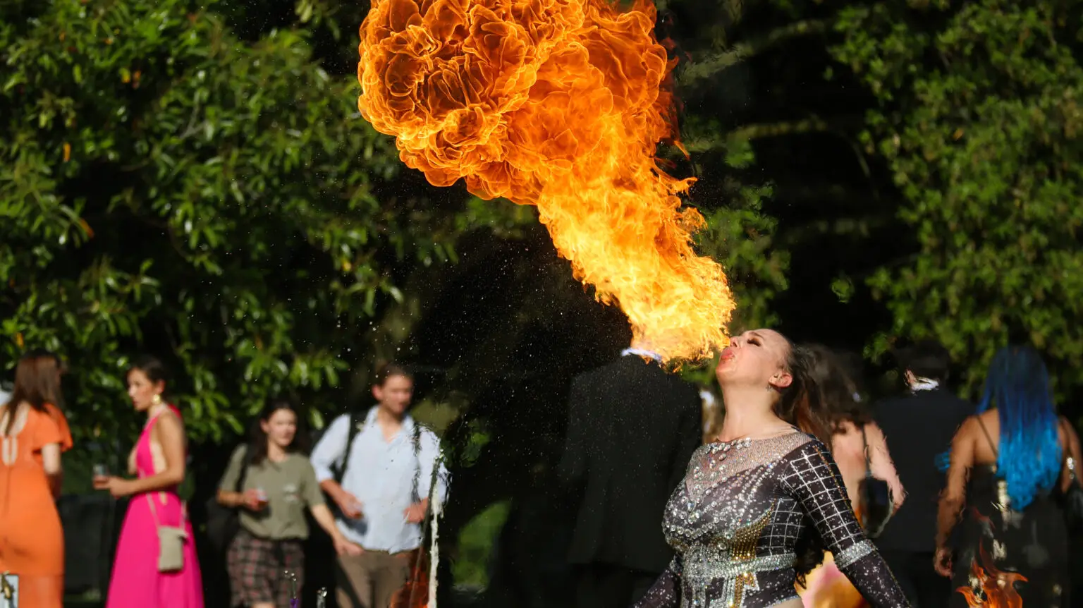 hire professional fire breather entertains guests at a festival with an exciting fire show