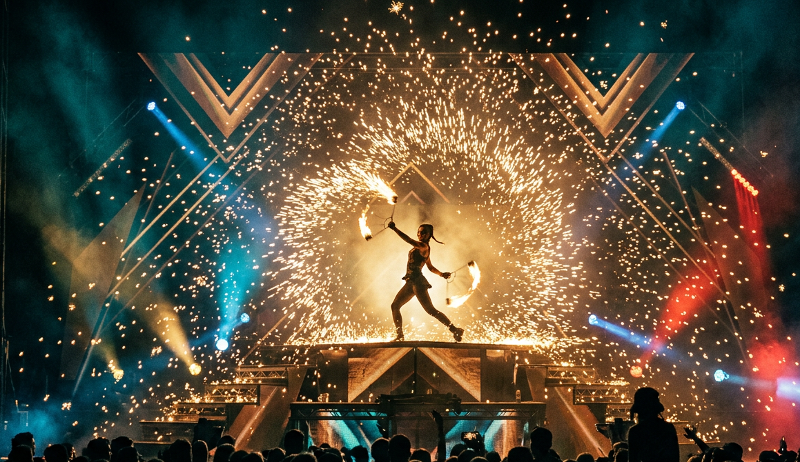 `Hire fire performers stage show with a fire dancer performing amid a large spark fountain display`