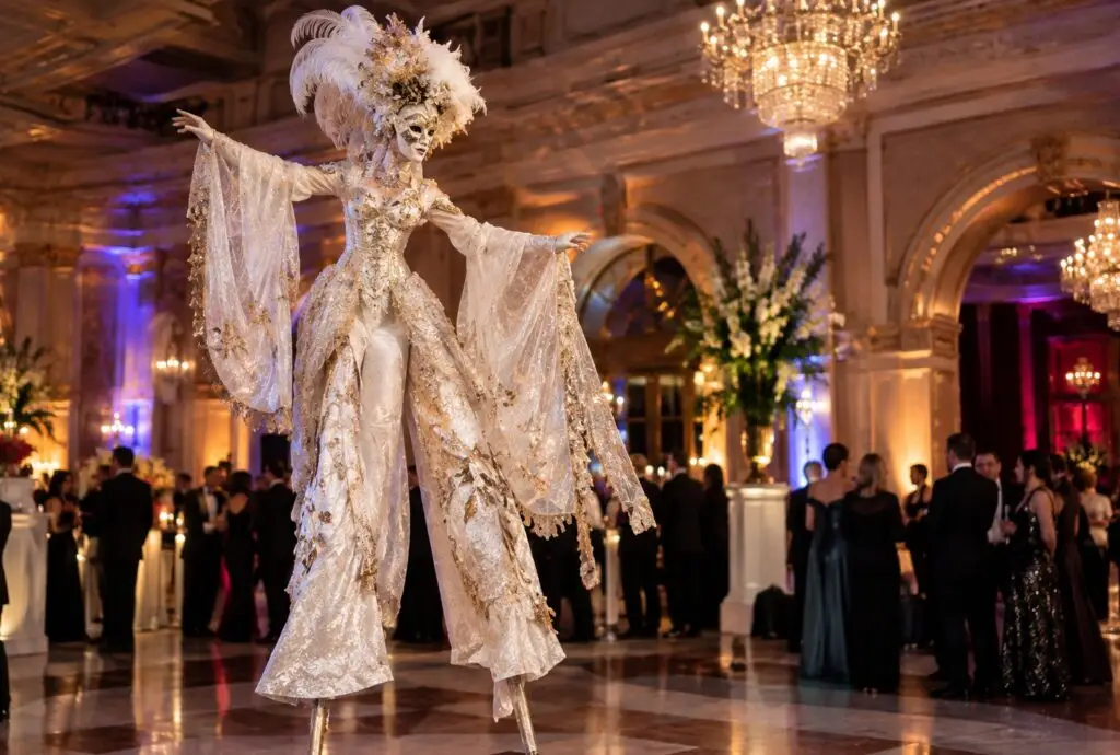 masquerade themed stilt walker