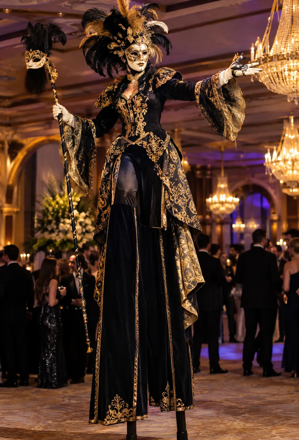 masquerade stilt walker standing in a grand masquerade ball surrounded by guests