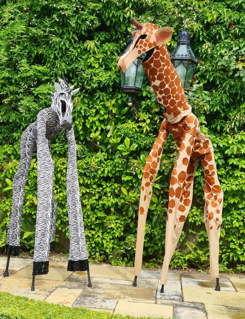 giraffe stilt walker and zebra stilt walker