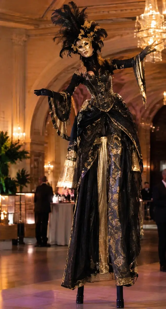 classy black and gold masquerade stilt walker at a masquerade ball