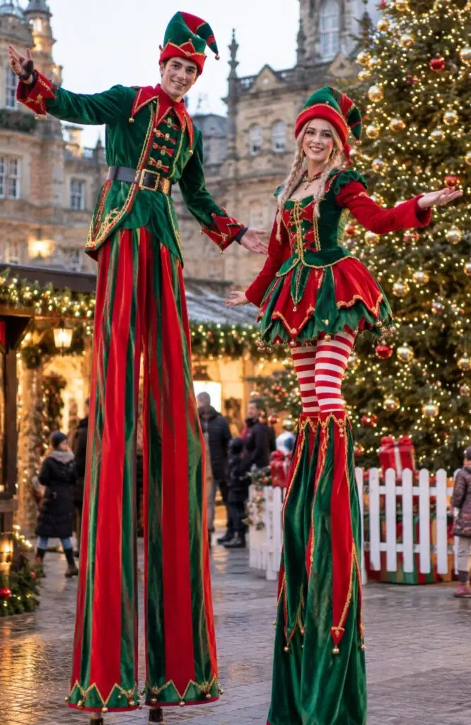2 christmas elf stilt walkers