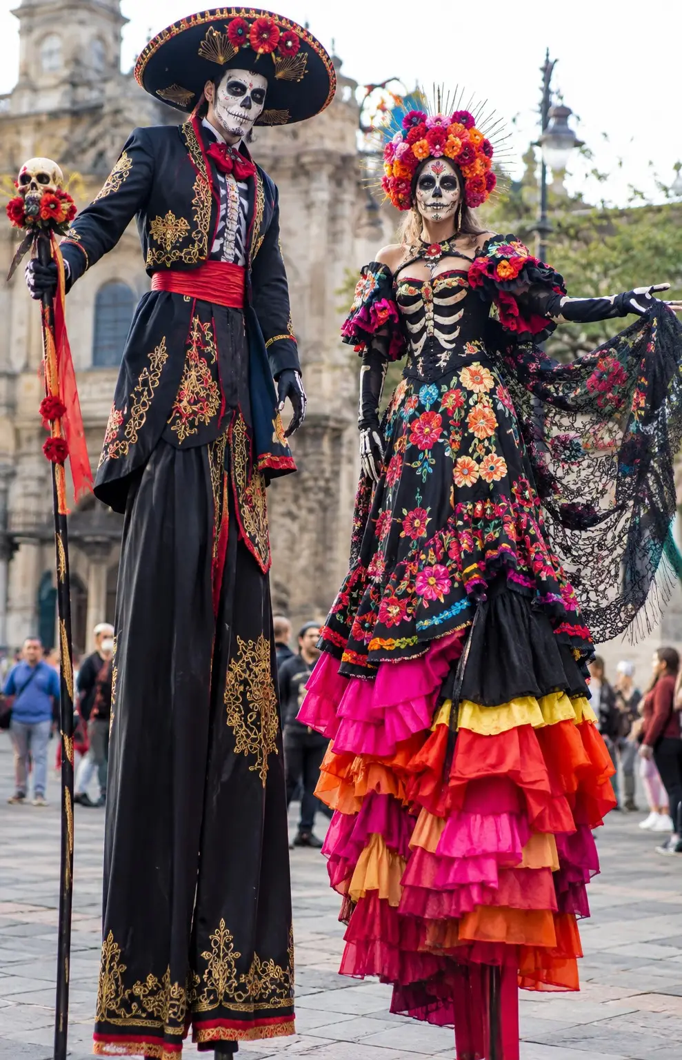 day of the dead stilt walkers in a town center