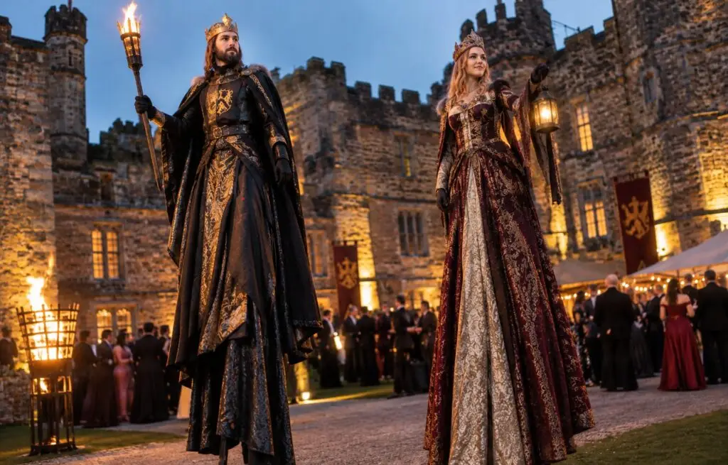 medieval king and queen stitl walkers at a castle