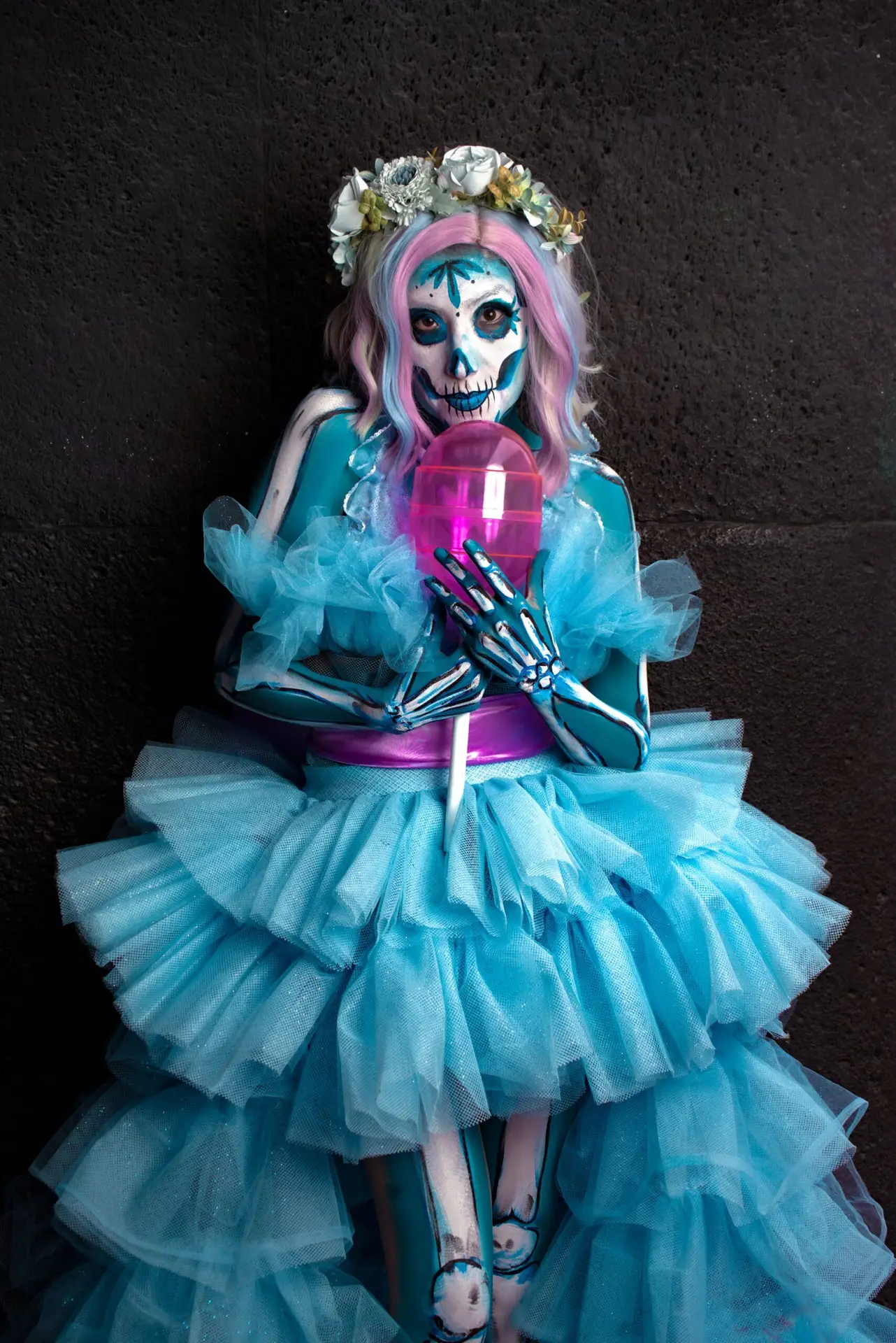 vibrant day of the dead stilt walker