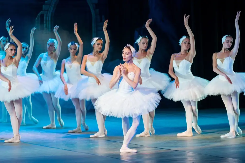 Elegant ballerinas performing Swan Lake ballet on stage in classic tutus.