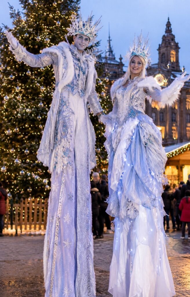 two winter wonderland stilt walkers in white costumes standing in front of a christmas tree at a christmas event